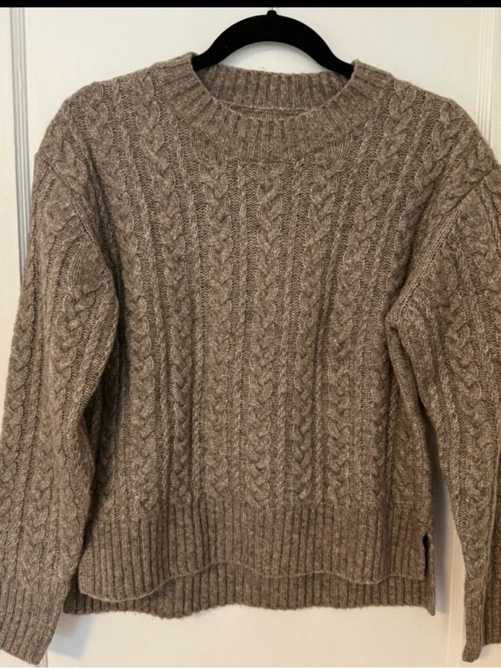 Cable Knit Wool Crewneck Sweater in Brown XS